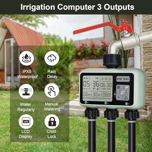 johgee Watering Timer 3 Zone, Sprinkler Timer, Programmable Garden Outdoor Hose Faucet Timer with Rain Delay, Auto & Manual Watering System,Water Hose Irrigation Timers 3 Outlet for Garden - Image 3