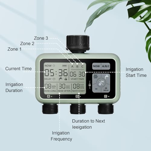 johgee Watering Timer 3 Zone, Sprinkler Timer, Programmable Garden Outdoor Hose Faucet Timer with Rain Delay, Auto & Manual Watering System,Water Hose Irrigation Timers 3 Outlet for Garden - Image 2