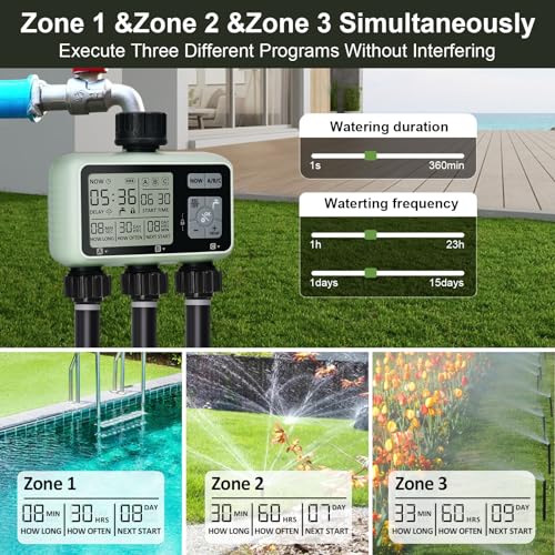 johgee Watering Timer 3 Zone, Sprinkler Timer, Programmable Garden Outdoor Hose Faucet Timer with Rain Delay, Auto & Manual Watering System,Water Hose Irrigation Timers 3 Outlet for Garden - Image 4