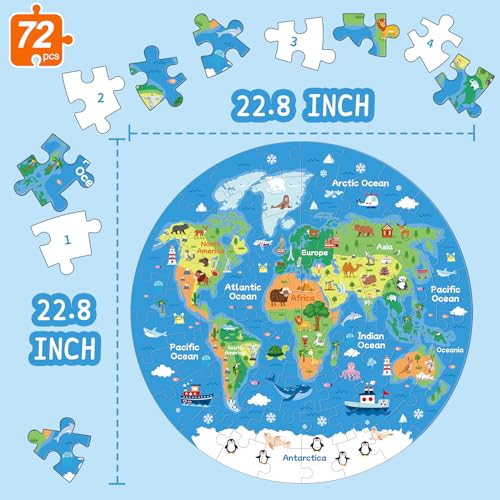 Ppotyo 72 Piece World Map Jigsaw Puzzle for Kids 35 46 Globe Round Floor Puzzles Geography Educational Birthday Gifts Learning Resource Educational Montessori Toys World Map - Image 5