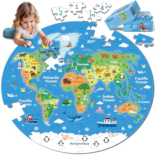 Ppotyo 72 Piece World Map Jigsaw Puzzle for Kids 35 46 Globe Round Floor Puzzles Geography Educational Birthday Gifts Learning Resource Educational Montessori Toys World Map - Image 1