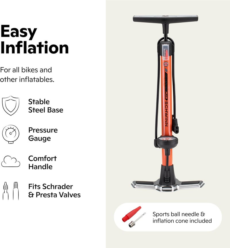 SCHWINN Air Center Series or Basic Floor Pump, for a Range of Bikes, 100, 120 or 160 PSI, Soft Grip Handle, Dual Head for Schrader and Presta Valves, Manual Air Pump - Image 1