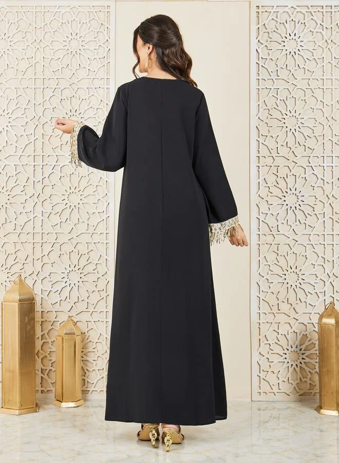 Styli Sequin Detail Trim Sleeves Embroidered Neckline Jalabiya