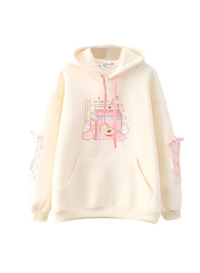 Cuteighteen Kawaii Bunny Hoodie Teen Girls Lolita Hooded Sweatshirt Casual Cute Lace Up Sleeve Cartoon Print Pullover Top (Beige), Beige, M - Image 1