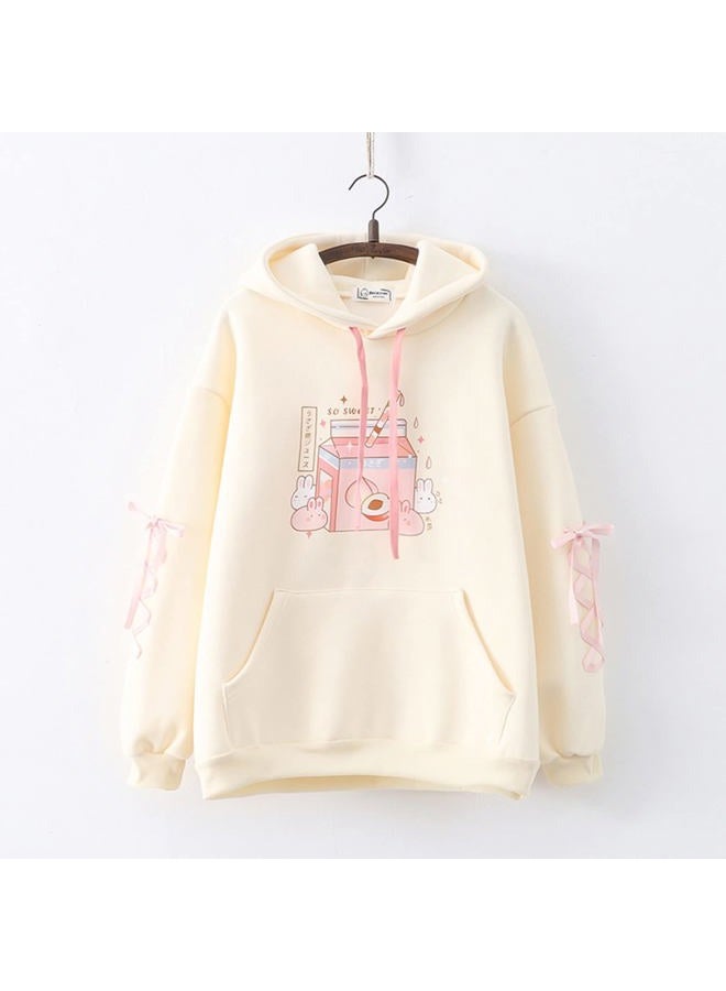 Cuteighteen Kawaii Bunny Hoodie Teen Girls Lolita Hooded Sweatshirt Casual Cute Lace Up Sleeve Cartoon Print Pullover Top (Beige), Beige, M - Image 3