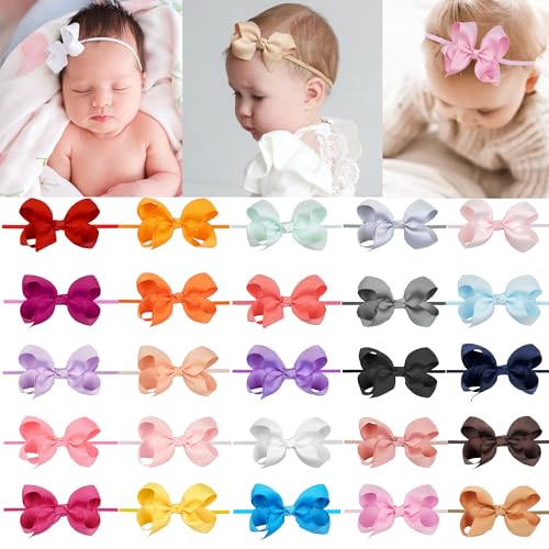 CellElection 25 Colors Baby Girls Headbands 3Inch Grosgrain Ribbon Small Hair Bows Nylon Headbands Soft Stretch Nylon Hairbands Elastics for Newborns Infants Toddlers Kids Children - Image 1