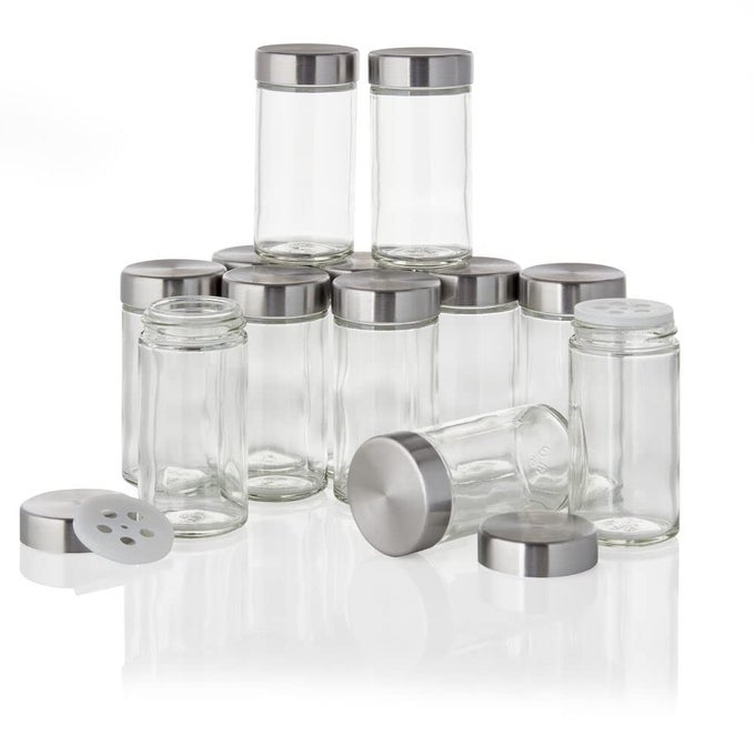 CLEAR REUSABLE 3 OZ JARS WITH STAINLESS STEEL SHAKER LIDS AND TWISTON CAPS FOR AIRTIGHT SEALS 12 PK