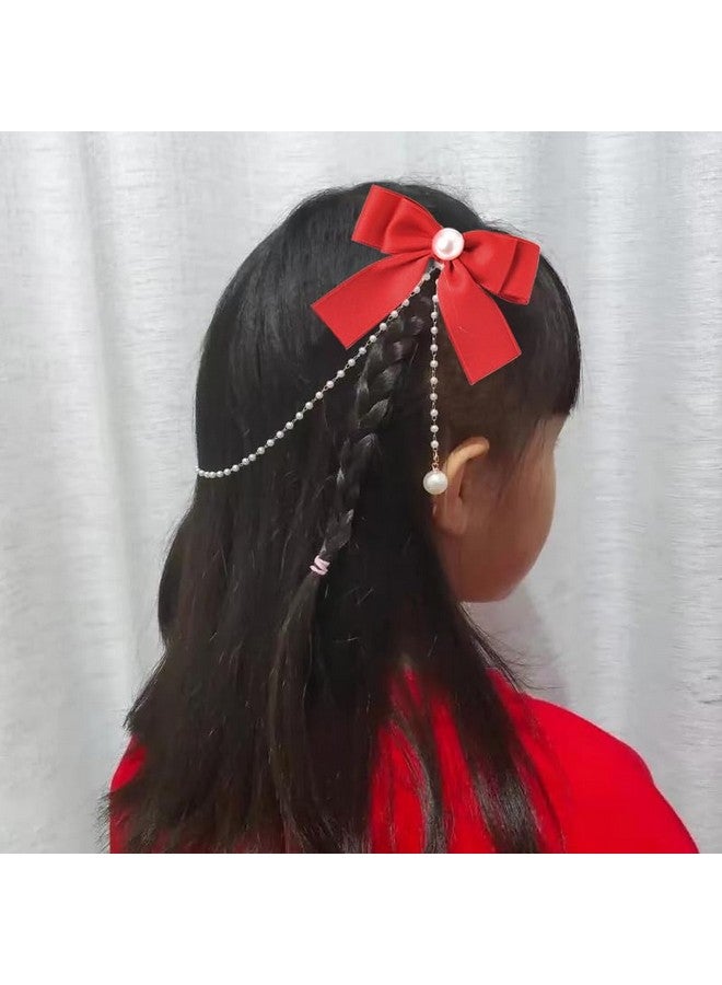 Shidara 1 Pcs Premium Hair Bow Clips for Toddler Girls Red Hair Ribbons for Babies Hair Bows for Accessories for Women Pearl Tassel Hair Chain Bowknot Hair Clip for Baby Girl Barrettes - Image 3