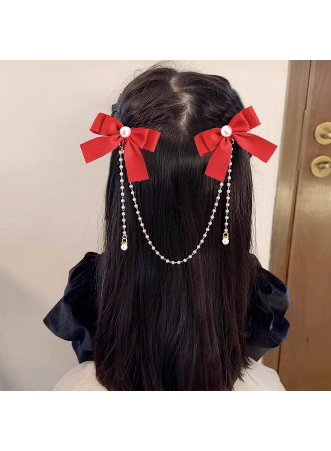 Shidara 1 Pcs Premium Hair Bow Clips for Toddler Girls Red Hair Ribbons for Babies Hair Bows for Accessories for Women Pearl Tassel Hair Chain Bowknot Hair Clip for Baby Girl Barrettes - Image 2