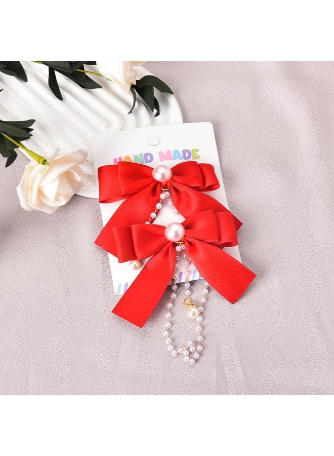 Shidara 1 Pcs Premium Hair Bow Clips for Toddler Girls Red Hair Ribbons for Babies Hair Bows for Accessories for Women Pearl Tassel Hair Chain Bowknot Hair Clip for Baby Girl Barrettes - Image 4