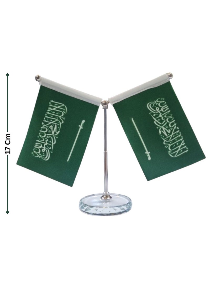 سعودي طقم أعلام مكتب المملكة العربية السعودية، حامل طاولة قابل للتعديل بارتفاع 17 سم مع علمين وقاعدة كريستال دائرية، مثالي للمكتب والفعاليات وزينة اليوم الوطني