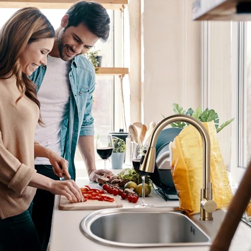 WOWOW Brushed Gold Kitchen Faucet With Sprayer Stainless Steel High Arc Single Handle Sink Faucet for 1 or 3 Hole Luxurious Gold Utility RV Kitchen Tap - Image 3