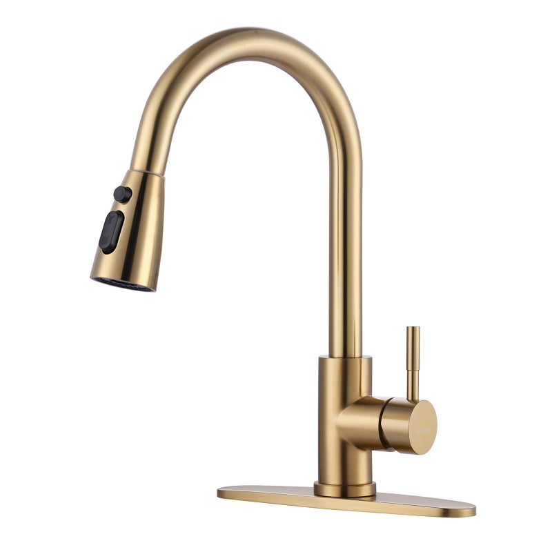 WOWOW Brushed Gold Kitchen Faucet With Sprayer Stainless Steel High Arc Single Handle Sink Faucet for 1 or 3 Hole Luxurious Gold Utility RV Kitchen Tap - Image 2