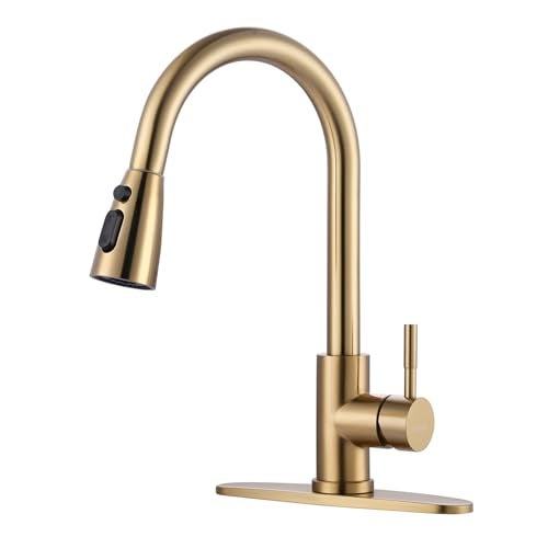 WOWOW Brushed Gold Kitchen Faucet With Sprayer Stainless Steel High Arc Single Handle Sink Faucet for 1 or 3 Hole Luxurious Gold Utility RV Kitchen Tap - Image 1
