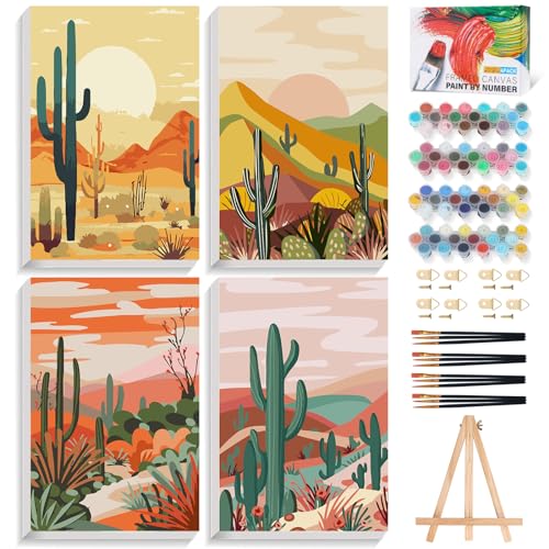 Offito 4 Pack Framed Paint by Numbers Kit for Adults Beginners with Wooden Easel, Cactus Easy Paint by Number Kit with Frame, Watercolor Adult Paint by Number Framed Canvas (8 * 12 Inch) - Image 1