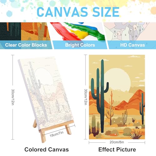 Offito 4 Pack Framed Paint by Numbers Kit for Adults Beginners with Wooden Easel, Cactus Easy Paint by Number Kit with Frame, Watercolor Adult Paint by Number Framed Canvas (8 * 12 Inch) - Image 3