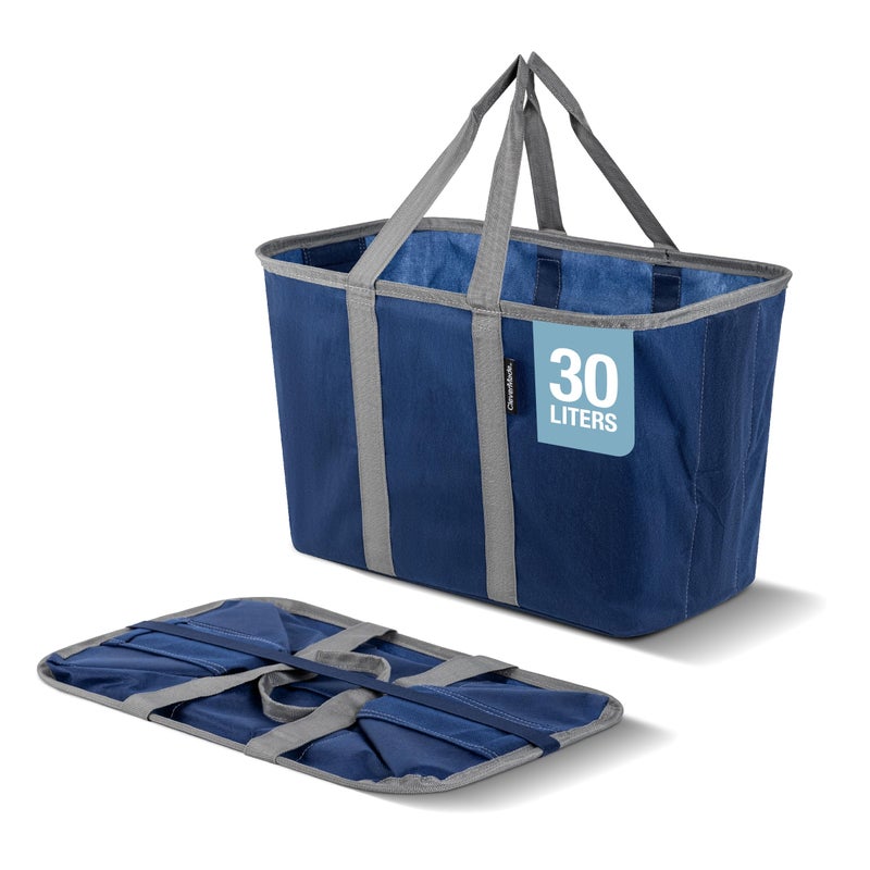 CleverMade EcoBasket 30L Collapsible Tote Basket â€“ Reusable Grocery Tote That Stands Upright, Foldable Shopping Basket for Car Trunk Storage, Heavy Duty Utility Bag, 30 lb Capacity - Blue - Image 1
