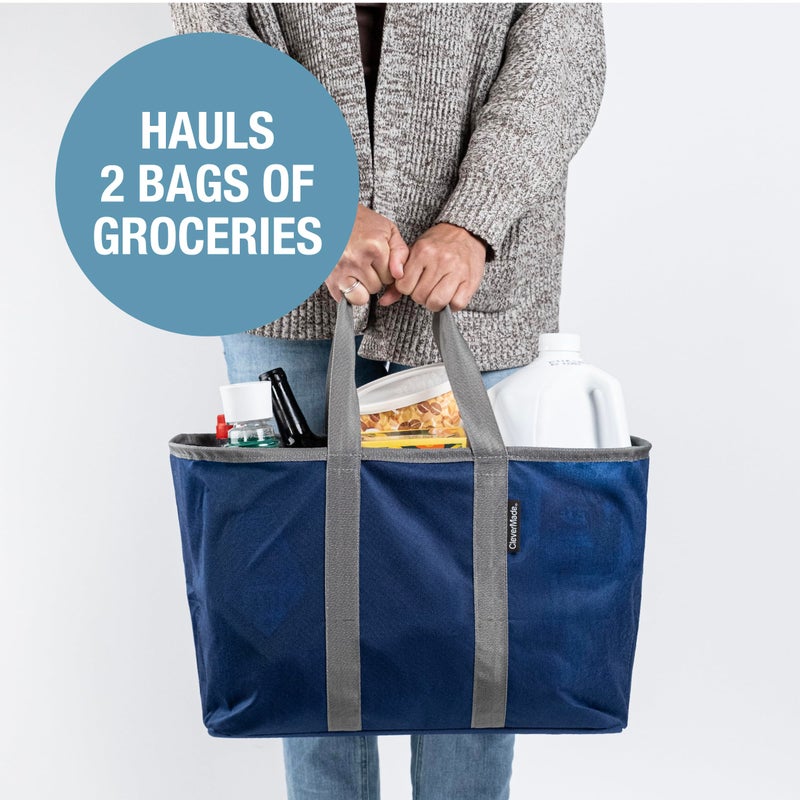 CleverMade EcoBasket 30L Collapsible Tote Basket â€“ Reusable Grocery Tote That Stands Upright, Foldable Shopping Basket for Car Trunk Storage, Heavy Duty Utility Bag, 30 lb Capacity - Blue - Image 4
