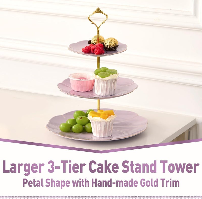 DUJUST Luxury Larger 3-Tier Cupcake Stand Tower, British Style Porcelain Serving Tray with Golden Trim, Food Grade Dessert Display Stand for Tea Party & Home Décor - 45% Purple Larger Plates - Image 2