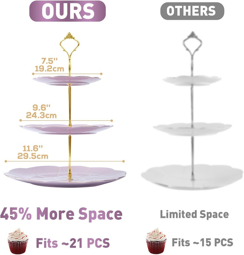 DUJUST Luxury Larger 3-Tier Cupcake Stand Tower, British Style Porcelain Serving Tray with Golden Trim, Food Grade Dessert Display Stand for Tea Party & Home Décor - 45% Purple Larger Plates - Image 5