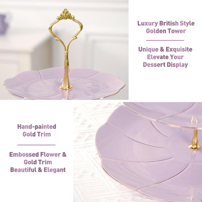 DUJUST Luxury Larger 3-Tier Cupcake Stand Tower, British Style Porcelain Serving Tray with Golden Trim, Food Grade Dessert Display Stand for Tea Party & Home Décor - 45% Purple Larger Plates - Image 3