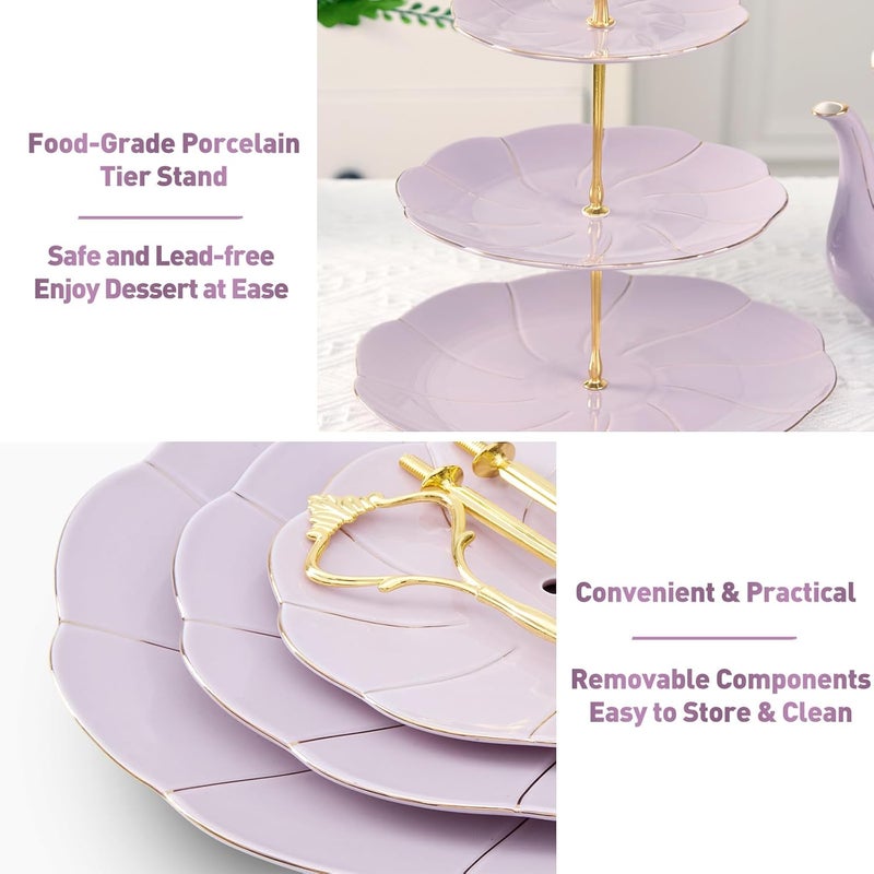 DUJUST Luxury Larger 3-Tier Cupcake Stand Tower, British Style Porcelain Serving Tray with Golden Trim, Food Grade Dessert Display Stand for Tea Party & Home Décor - 45% Purple Larger Plates - Image 4