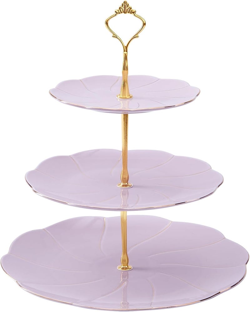 DUJUST Luxury Larger 3-Tier Cupcake Stand Tower, British Style Porcelain Serving Tray with Golden Trim, Food Grade Dessert Display Stand for Tea Party & Home Décor - 45% Purple Larger Plates - Image 1