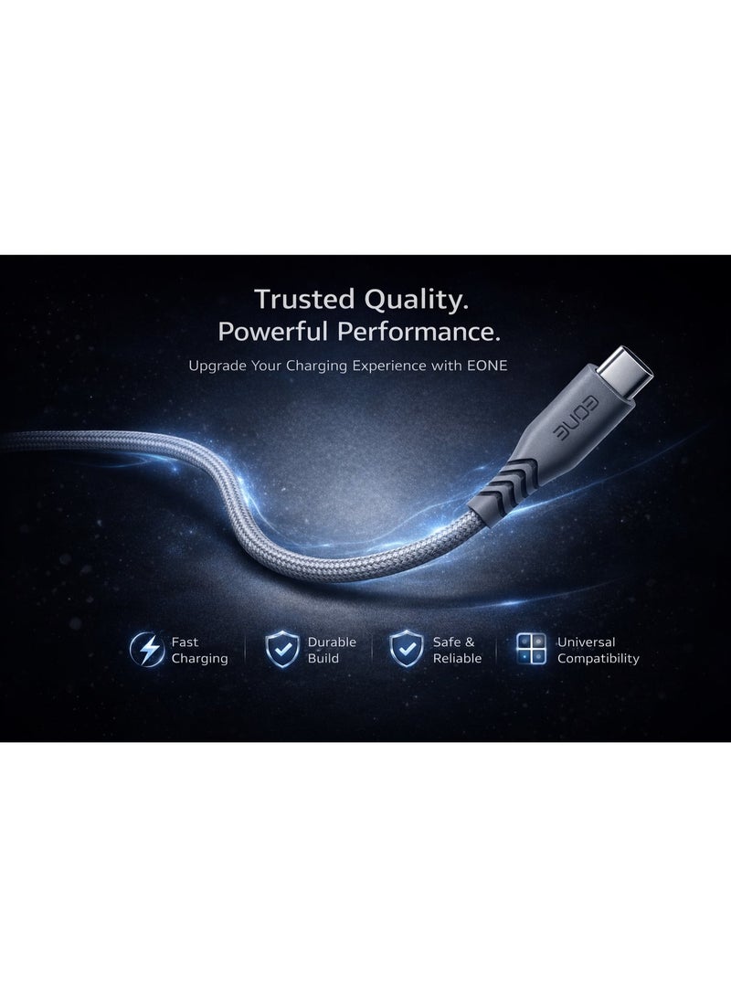 إيون كابل EONE USB-A إلى USB-C بطول 1.2 متر، كابل شحن ونقل بيانات سريع، كابل من النوع C مضفر من النايلون، متوافق مع هواتف iPhone 15 وSamsung وAndroid والأجهزة اللوحية، للشحن والمزامنة - رمادي - Image 2