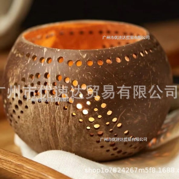 Vintage Coconut Shell Candle Holder Windmill Lamp Oak Wood Craftsman Special Light Shadow Decorative Dinnerware Mini Model Home  Diameter 11.5-13cm 