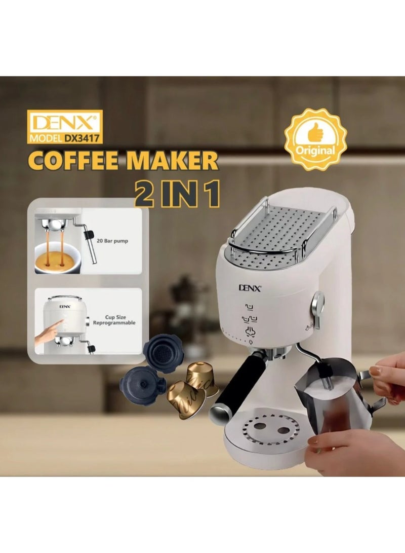 Denx DINEX 2-in-1 Coffee Maker with 20 Bar Pressure - Automatic Coffee Maker with a large 1000ml water tank, ideal for preparing lattes and various drinks. - Image 2