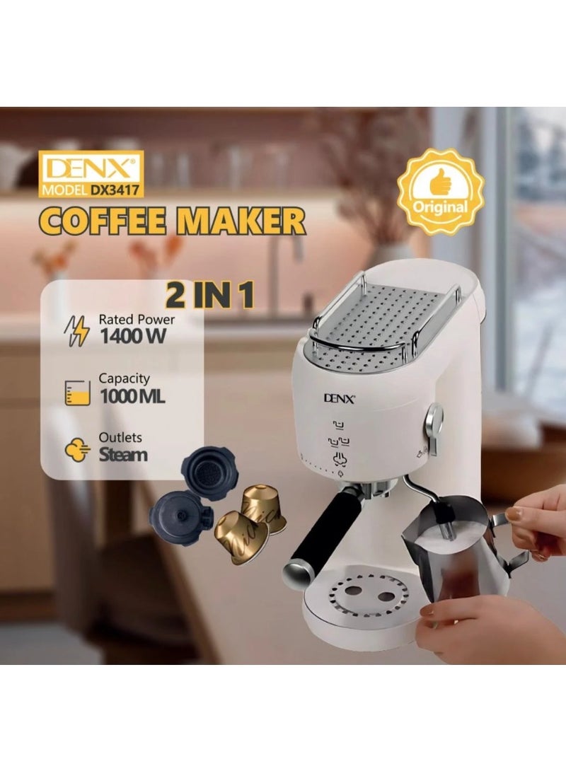 Denx DINEX 2-in-1 Coffee Maker with 20 Bar Pressure - Automatic Coffee Maker with a large 1000ml water tank, ideal for preparing lattes and various drinks. - Image 3