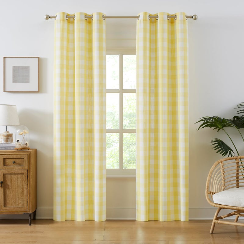 Amzdecor Buffalo Plaid Grommet Curtains 84 Inch Length, Semi-Sheer Gingham Check Farmhouse Rustic Drapes for Living Room Bedroom Cottage Checkered Window Treatment,2 Panels ï¼ˆ40" x 84",Yellow & Whiteï¼‰ - Image 1