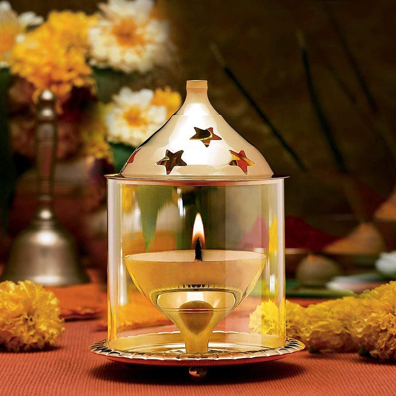 SOLINO Akhand Diya Decorative Brass Glass Oil Lamp Tea Light Holder Lantern Medium