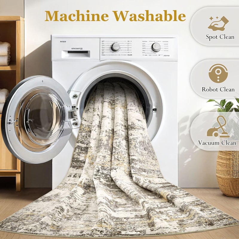Jessibou Area Rugs for Living Room: 5x7 Abstract Washable Rug Modern Neutral Large Soft Stain Resistant Non-Slip Backing Machine Table for Bedroom Dining Room Indoor Home Office Carpet - Gold Brown - Image 3