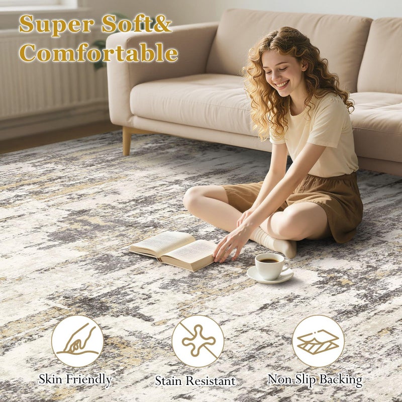 Jessibou Area Rugs for Living Room: 5x7 Abstract Washable Rug Modern Neutral Large Soft Stain Resistant Non-Slip Backing Machine Table for Bedroom Dining Room Indoor Home Office Carpet - Gold Brown - Image 5