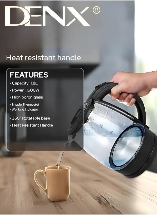 Denx Glass Electric Kettle, Capacity 1.8 Liters, 1500 Watts - Image 3