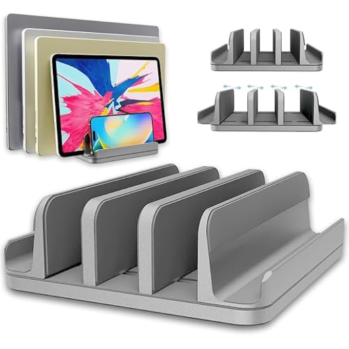 TEFONER VERTICAL LAPTOP STAND HOLDER 5 SLOTS, ALUMINUM SPACE-SAVING LAPTOP HOLDER, ADJUSTABLE SIZE DOCK TABLETOP DESK ORGANIZER 3 SLOT + 2 FOR APPLE MACBOOK/SURFACE/PC/TABLET/IPAD/IPHONE (SPACE GRAY) - Image 1