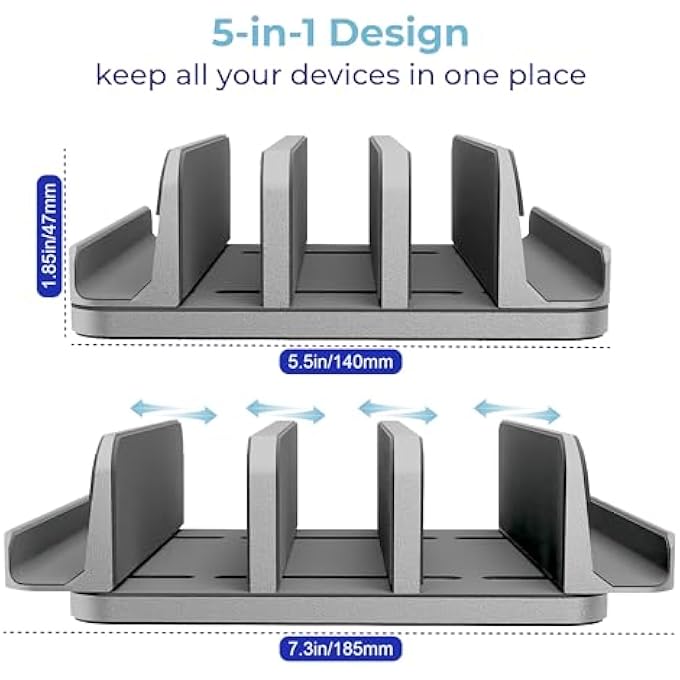 TEFONER VERTICAL LAPTOP STAND HOLDER 5 SLOTS, ALUMINUM SPACE-SAVING LAPTOP HOLDER, ADJUSTABLE SIZE DOCK TABLETOP DESK ORGANIZER 3 SLOT + 2 FOR APPLE MACBOOK/SURFACE/PC/TABLET/IPAD/IPHONE (SPACE GRAY) - Image 3