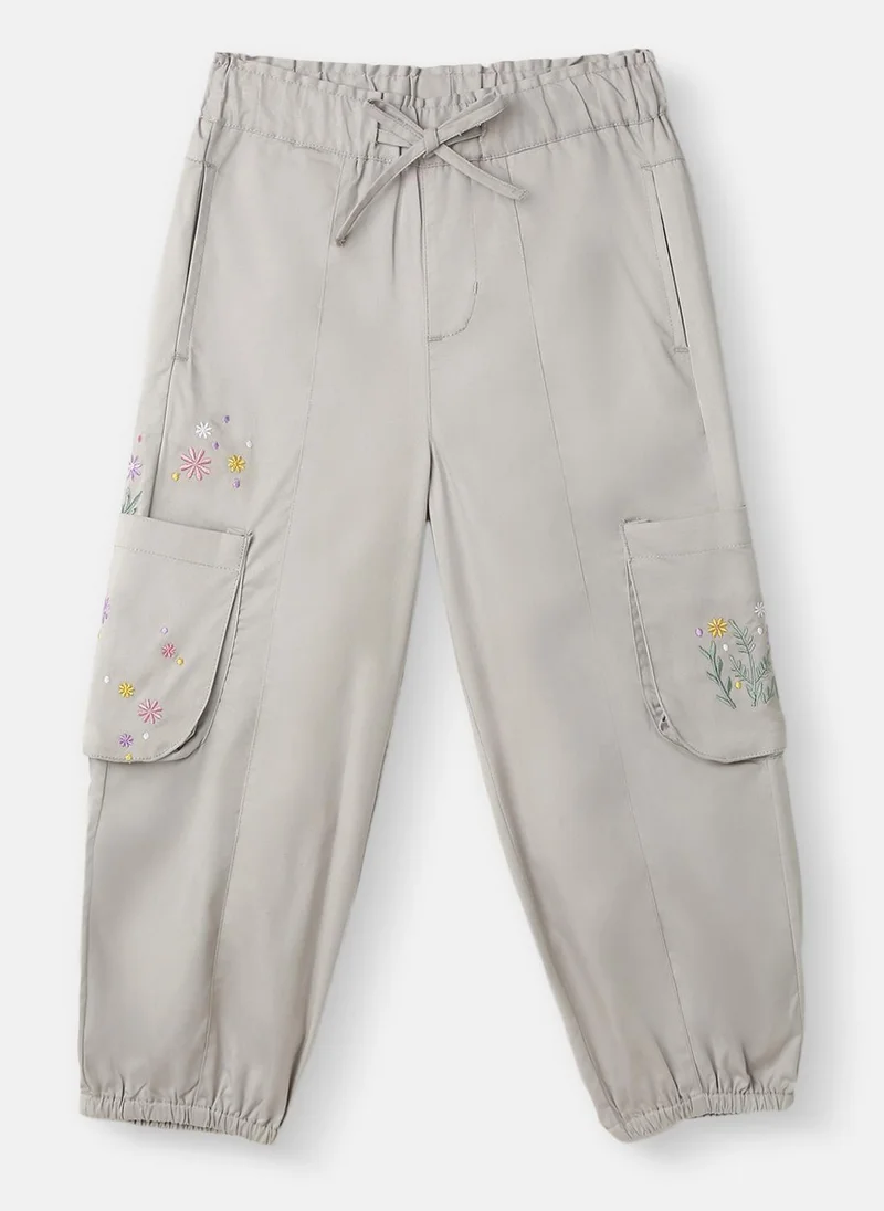 Nautinati Girls’ Cotton Cargo | Cargo Joggers for 4-8 Years | Floral Embroidery | Cargo with Pockets