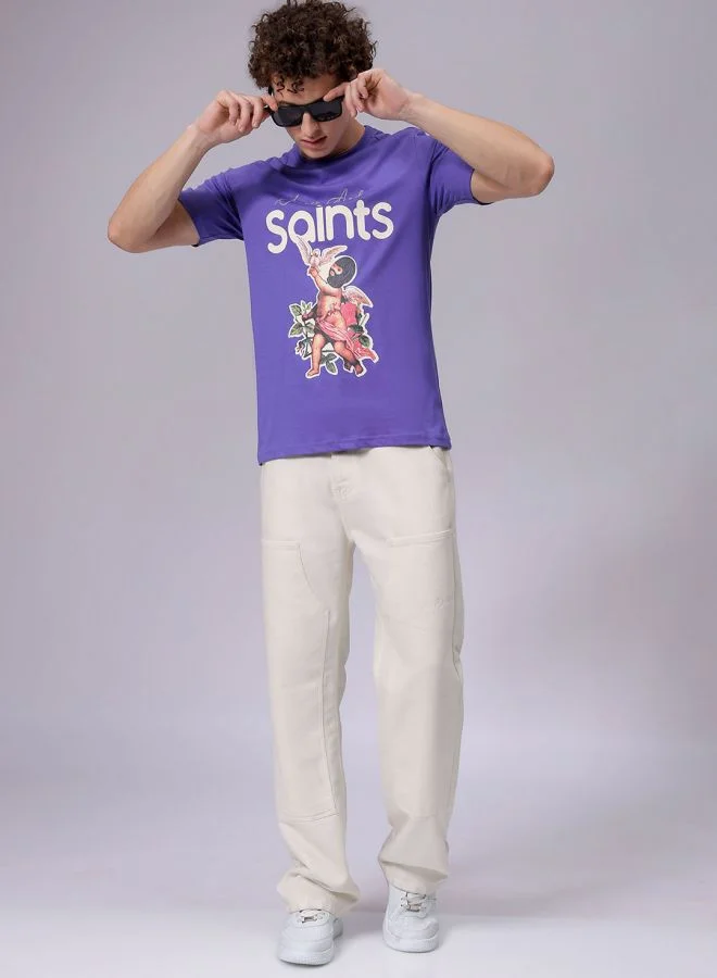 شركة المرآب الهندية Men Slim Fit Placement Print Round Neck Tshirt