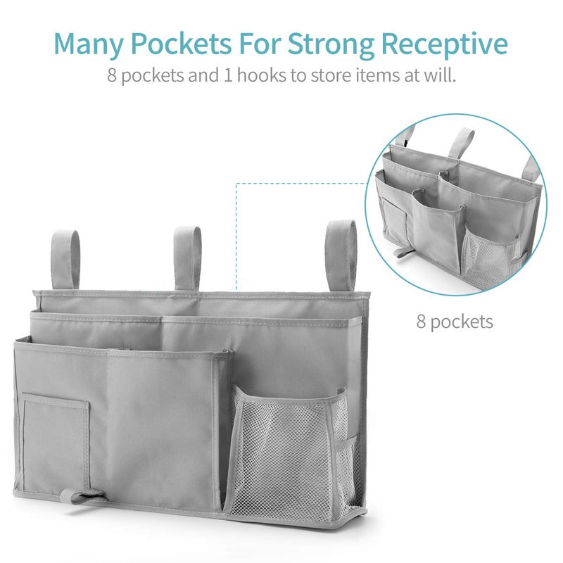 Bseash Bunk Bed Organizer, Bedside Caddy Hanging Bed Organizer Storage Bag 8 Pockets, for College Dorm Rooms Bed, Hospital Bed, Baby Bed Rails, 600D Oxford Cloth (Gray) - Image 2