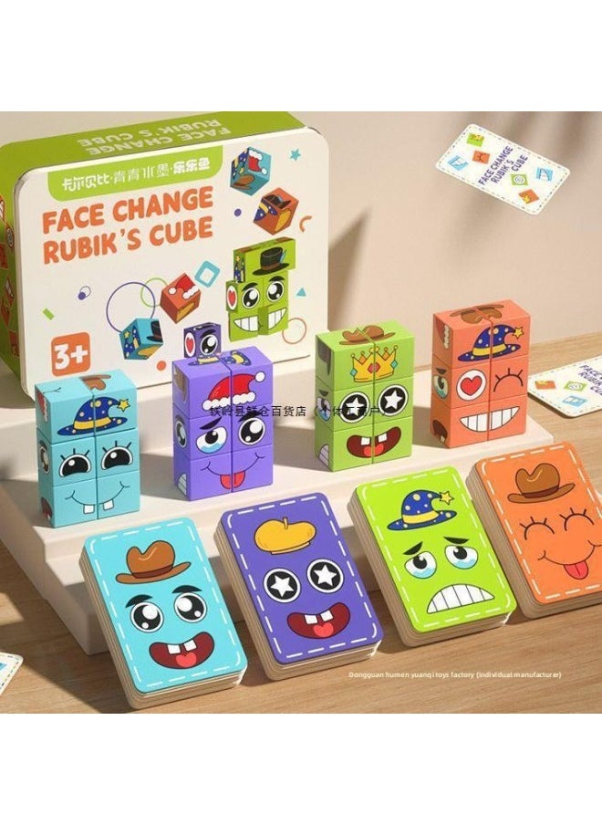 Generic - Children's Face-changing Building Blocks Rubik's Cube Smiling Facial Expression Battle 3-6 Year-old Baby's Mold Square Parent-child Interactive Toy Sanmu-Color:Upgraded White Iron Box [iron Box Model] Four-player Battle Face-changing Rubik's Cube + Bell - Image 1