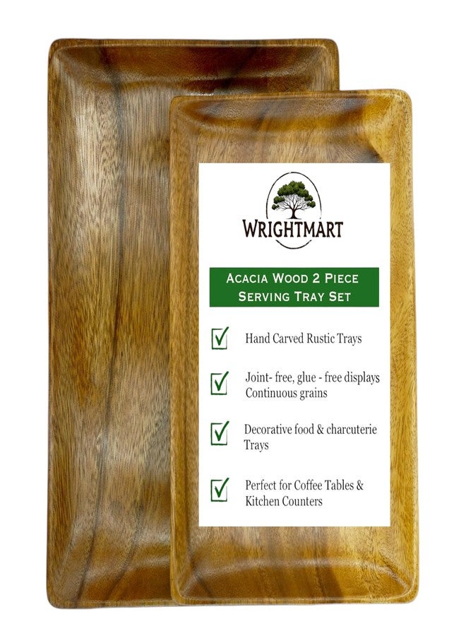 WRIGHTMART Acacia Wood Dinner Serving Tray Set of 2 – Size: Lg 14" x 10", Med 12" x 8", Richly Grained, Decorative Coffee Table, Ottoman, Food, Drink, Breakfast, Appetizer, Candle Display Trays, Joint-Free - Image 1