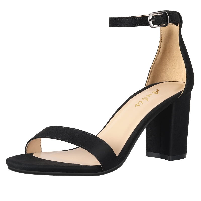 Ankis Black Heels for Women - Open Toe Ankle Strap Chunky Heel Pump Sandals Party Wedding Strappy Buckle Sandals Standard Size 2.75 Inches Tall Thick Heel Design - Image 1