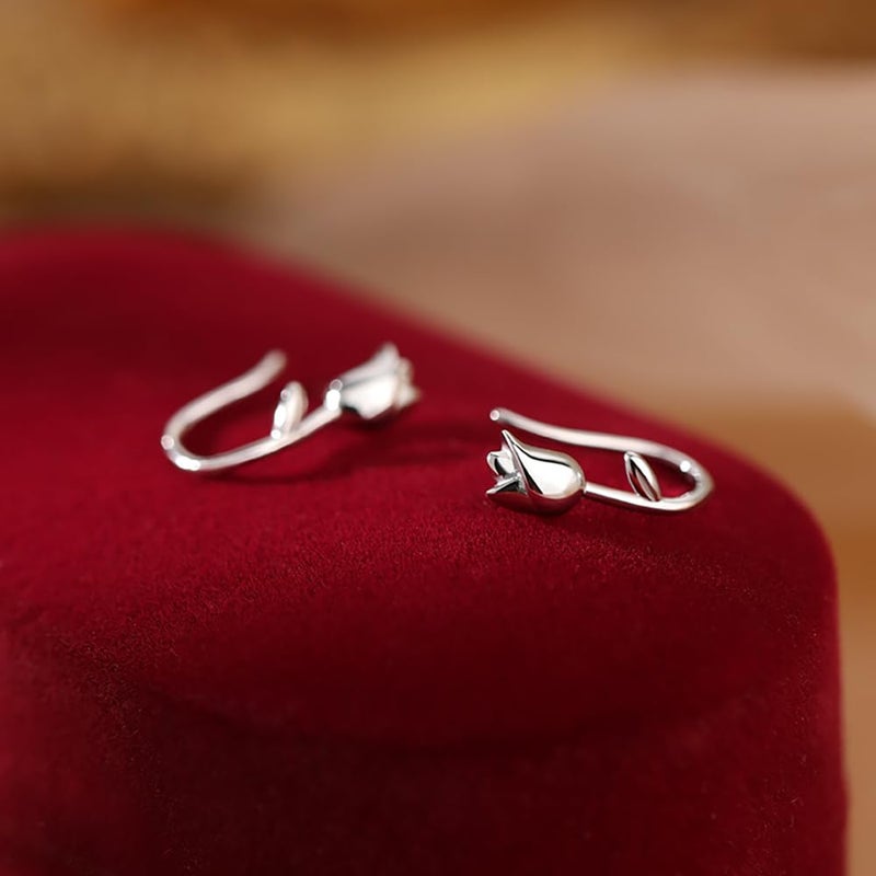 Reffeer Solid 925 Sterling Silver Flower Crawler Cuff Earrings Wraps for Women Teens Tulip Flower Wrap Earrings (A-Silver) - Image 5