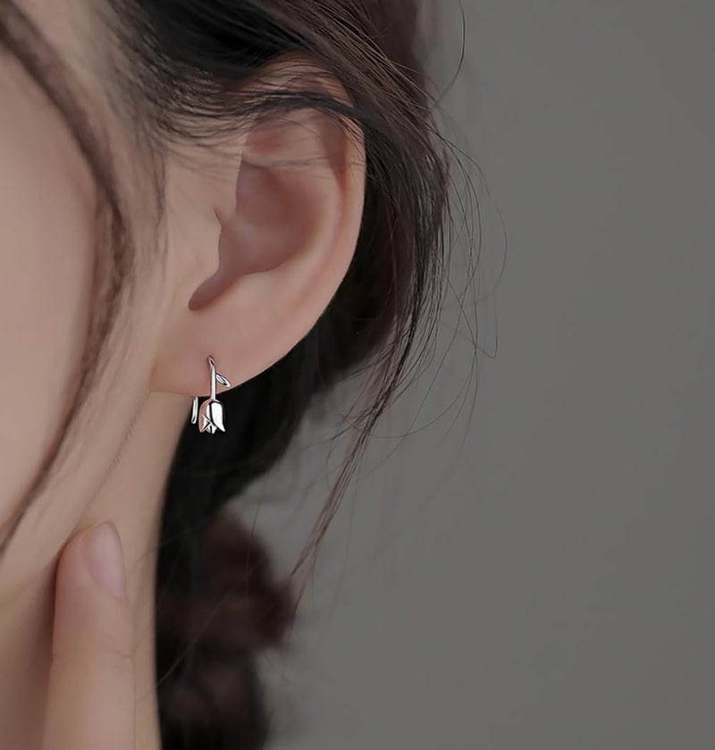 Reffeer Solid 925 Sterling Silver Flower Crawler Cuff Earrings Wraps for Women Teens Tulip Flower Wrap Earrings (A-Silver) - Image 3