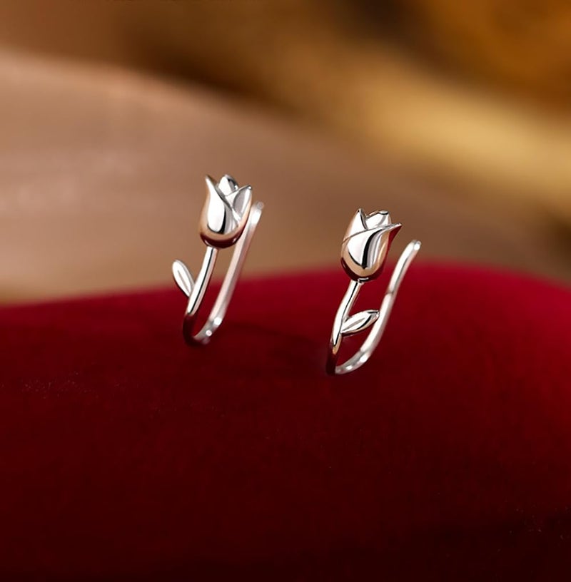 Reffeer Solid 925 Sterling Silver Flower Crawler Cuff Earrings Wraps for Women Teens Tulip Flower Wrap Earrings (A-Silver) - Image 4