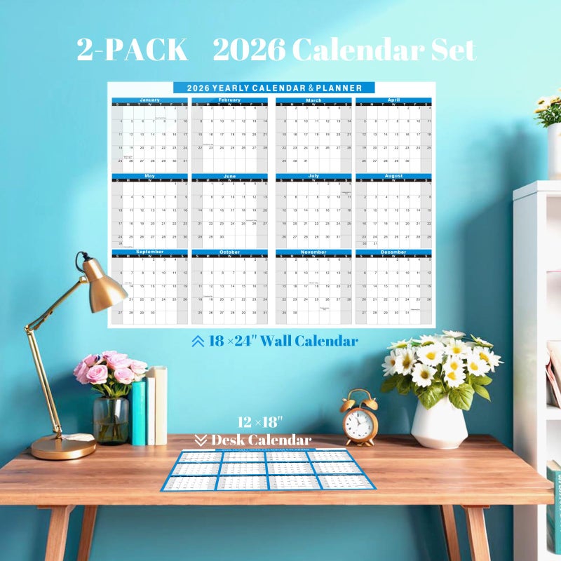 YvnShine 2 Pack 2026 Calendar Set-18x24'' Erasable Laminated Wall Calendar with 12x18â€œ Cardstock Desk Calendar, 2 Sided Vertical / Horizontal Reversible, Yearly Grid Format Calendar for School, Home, Office (Blue) - Image 2