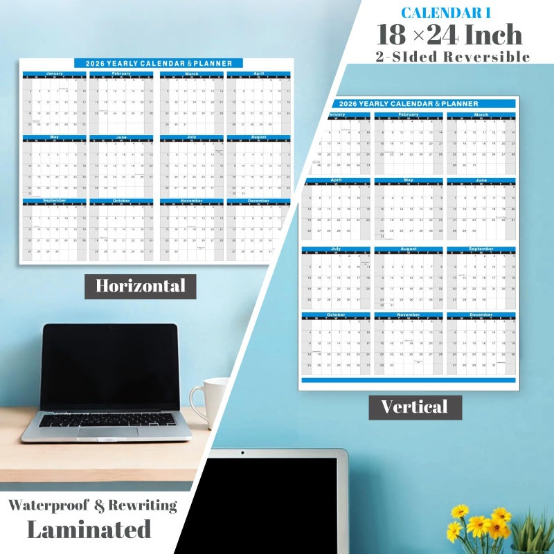 YvnShine 2 Pack 2026 Calendar Set-18x24'' Erasable Laminated Wall Calendar with 12x18â€œ Cardstock Desk Calendar, 2 Sided Vertical / Horizontal Reversible, Yearly Grid Format Calendar for School, Home, Office (Blue) - Image 3