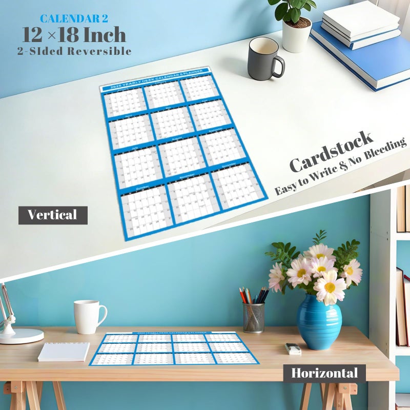 YvnShine 2 Pack 2026 Calendar Set-18x24'' Erasable Laminated Wall Calendar with 12x18â€œ Cardstock Desk Calendar, 2 Sided Vertical / Horizontal Reversible, Yearly Grid Format Calendar for School, Home, Office (Blue) - Image 4